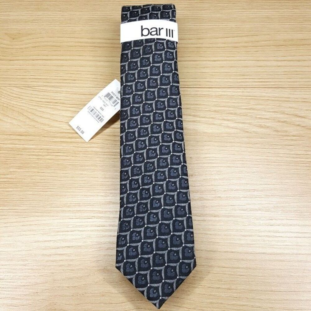 BAR III Mens Neck Tie Gray Geometric Floral Patterned Skinny Pointed